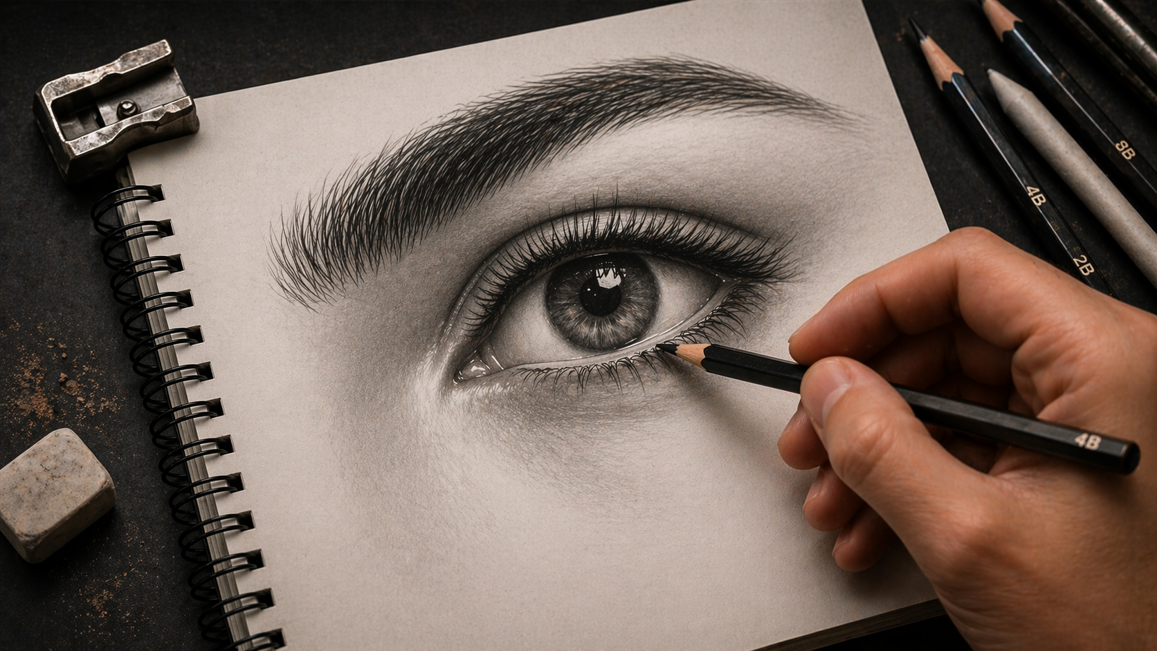 Pessoa desenhando olho realista com lápis
